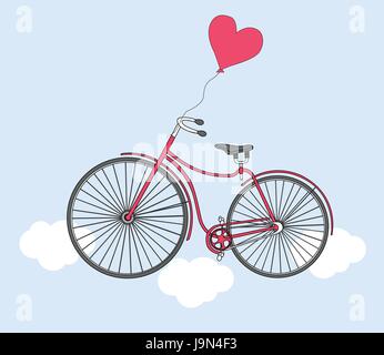 Vector illustration with bike, balloon and heart. Card for Valentine's Day. Stock Vector