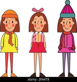 Little winter kids schoolgirls isolated on white vector cartoon illustration.Cute cartoon girl in of clothes for different seasons: spring,winter,summ Stock Vector