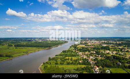 Aerial photography of Le Pellerin, Coueron and Nantes, along La Loire river, Loire Atlantique, France Stock Photo