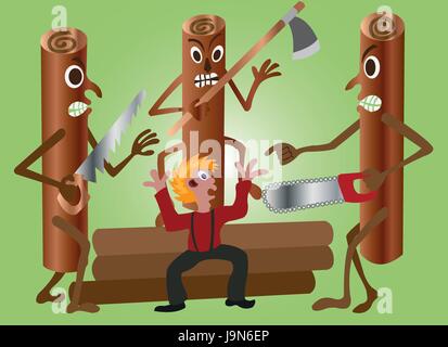 a lumberman being attacked by the logs of wood he had cut, Stock Vector