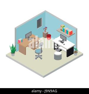 Isometric Office workplace illustration. Work table composition of isometric objects, vector illustration. Stock Vector
