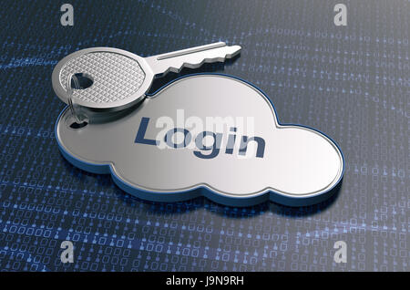 one cloud with a key and text: login, concept of computer, web, network (3d render) Stock Photo