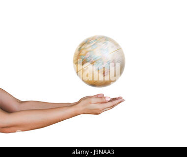 Spinning globe with hands holding, isolated on white background Stock Photo