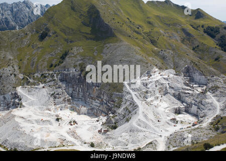 View of the marble quarries in Carrara from Mount Borla, an Italian mountainous belonging to the Apuan Alps Stock Photo