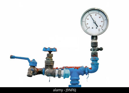 retro gauge, old meter water pipe, valve and faucet on white background Stock Photo