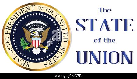 A depiction of the seal of the president of the United States of America with the text The State Of The Union Stock Vector
