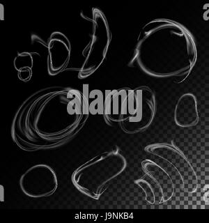 Realistic Cigarette Smoke Waves Vector. White And Grey Smoke Circle. Isolated On Checkered Background Stock Vector