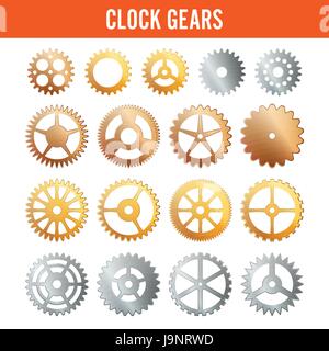 Vector Clock Gears. Metal Icons Isolated On White. Silver, Gold, Bronze Stock Vector