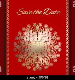Postcard Save the Date in red and gold Stock Vector