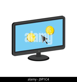 Golden Coins Jump out of Display, Make Money Online concept symbol. Flat Isometric Icon or Logo. 3D Style Pictogram for Web Design, UI, Mobile App, In Stock Vector