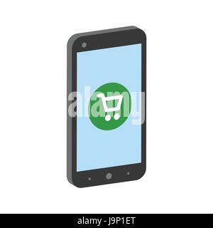 Smartphone with shopping cart, mobile shopping concept symbol. Flat Isometric Icon or Logo. 3D Style Pictogram for Web Design, UI, Mobile App, Infogra Stock Vector