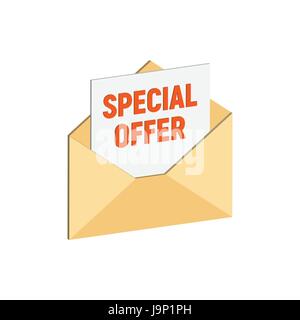 Envelope with special offer, Email marketing concept symbol. Flat Isometric Icon or Logo. 3D Style Pictogram for Web Design, UI, Mobile App, Infograph Stock Vector