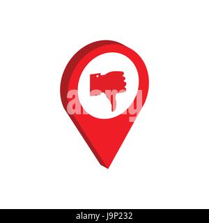 Map Pointer with Thumb Down symbol. Flat Isometric Icon or Logo. 3D Style Pictogram for Web Design, UI, Mobile App, Infographic. Vector Illustration o Stock Vector