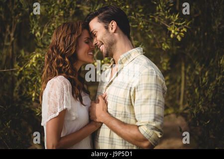 Loving young couple standing by trees at olive farm