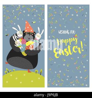 Bunnies,bear and easter eggs Stock Vector