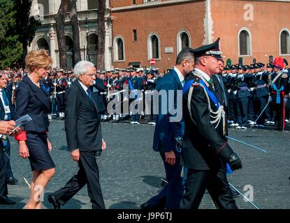 Rome, Piazza Venezia. The tribute to the unknown soldiers by the President of the Republic Sergio Mattarella opens the celebrations of the Feast of the Republic. The Military Parade along the Via dei Fori Imperiali, which was attended by about 4,000 people, between military and civilians, was opened by 400 mayors (in the first row those of the communes of central Italy affected by the earthquake). In the opening and closing of the festivities the flying over the capital by the Frecce Tricolori.In the picture the President of the Italian Republic Sergio Mattarella (Photo by Patrizia Cortellessa Stock Photo