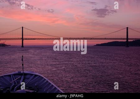 Lisbon - 25 de Abril Bridge and The Sanctuary of Christ the King Monument Stock Photo