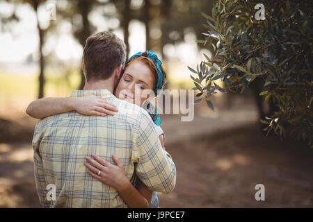 Couple embracing by olive tree at farm Stock Photo - Alamy