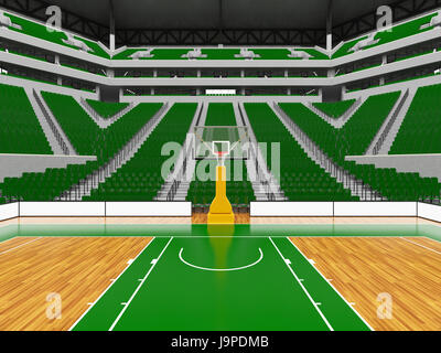 3D render of beautiful sports arena for basketball with floodlights , VIP boxes and green seats for twenty thousand fans Stock Photo