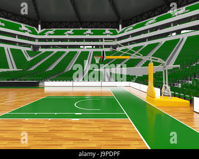 3D render of beautiful sports arena for basketball with floodlights , VIP boxes and green seats for twenty thousand fans Stock Photo