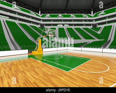 3D render of beautiful sports arena for basketball with floodlights , VIP boxes and green seats for twenty thousand fans Stock Photo
