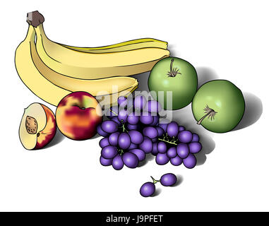 food, aliment, grapes, progenies, fruits, banana, peach, apple, bunches of Stock Photo