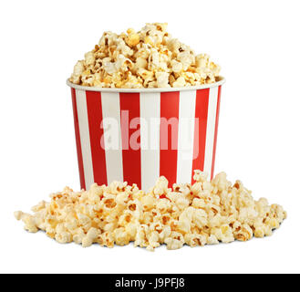 Popcorn in box with pill isolated on white, clipping path Stock Photo