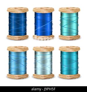 Thread Spool Set. Bright Old Wooden   Bobbin. Isolated On White Background For Needlework And Needlecraft. Stock Vector Illustration Stock Vector