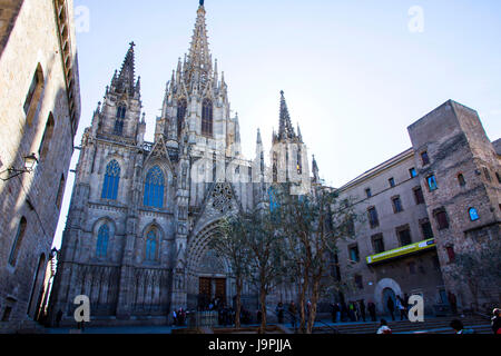 The towering 14th century Gothic-style Barcelona Cathedral (officially the Cathedral of the Holy Cross and Saint Eulalia) is the Archbishop's seat. Stock Photo