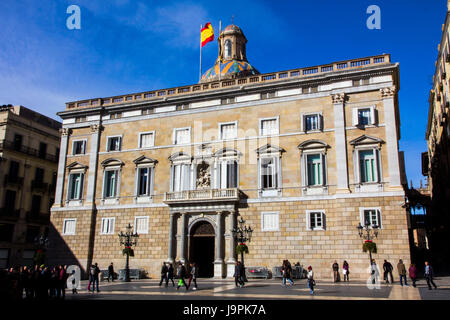 The Palau De La Generalitat de Catalunya is home to the Government of Catalonia.  It dates to 1400 and is one of the few buildings of medieval origin. Stock Photo