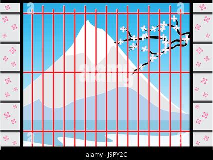 Window of Japanese house style, with fuji mountain background view. Separated layers. Vector Illustration. Stock Vector