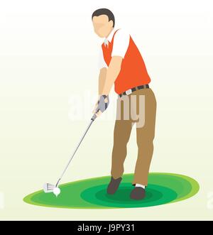 Illustration of Golf swing front view on green field, Golfer in red shirt and dark trousers. Vector flat design style. Stock Vector
