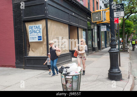 The closed Ralph Lauren store on trendy Bleecker Street in the Greenwich Village neighborhood of New York is seen on Thursday, June 1, 2017. As leases expire rents are becoming untenable even for luxury retailers who used the spaces as museum stores.   (© Richard B. Levine) Stock Photo