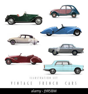 set of illustrations with historic french cars Stock Photo