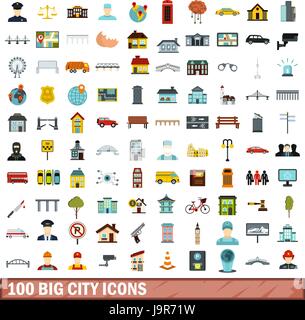100 big city icons set, flat style Stock Vector
