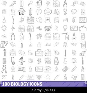 100 biology icons set, outline style Stock Vector