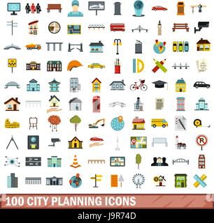 100 city planning icons set, flat style Stock Vector