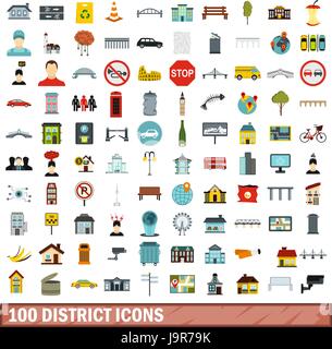 100 district icons set, flat style Stock Vector