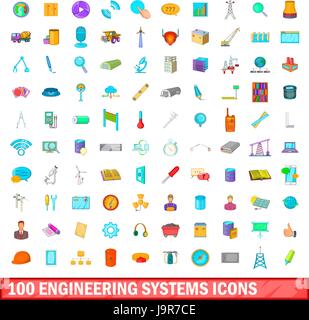 100 engineering systems icons set, cartoon style Stock Vector