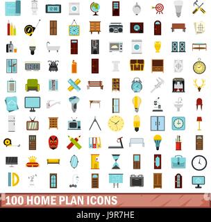 100 home plan icons set, flat style Stock Vector