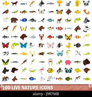 100 live nature icons set, flat style Stock Vector