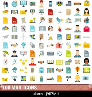100 mail icons set, flat style Stock Vector