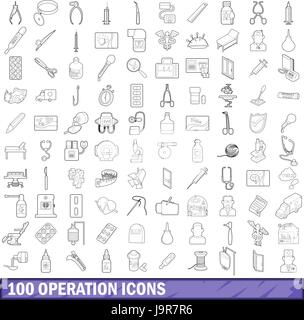 100 operation icons set, outline style Stock Vector