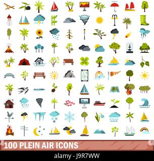 100 plein air icons set, flat style Stock Vector