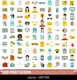100 post icons set, flat style Stock Vector