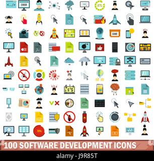 100 software development icons set, flat style Stock Vector