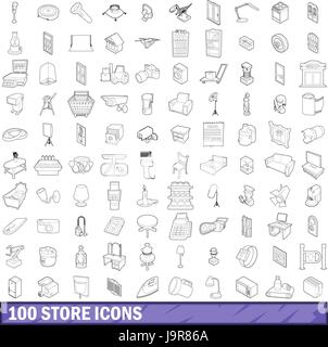 100 store icons set, outline style Stock Vector