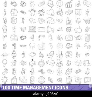 100 time management icons set, outline style Stock Vector