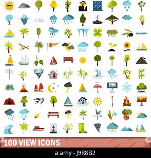 100 view icons set, flat style Stock Vector