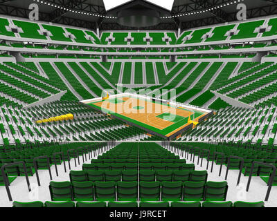 3D render of beautiful sports arena for basketball with floodlights , VIP boxes and green seats for twenty thousand fans Stock Photo